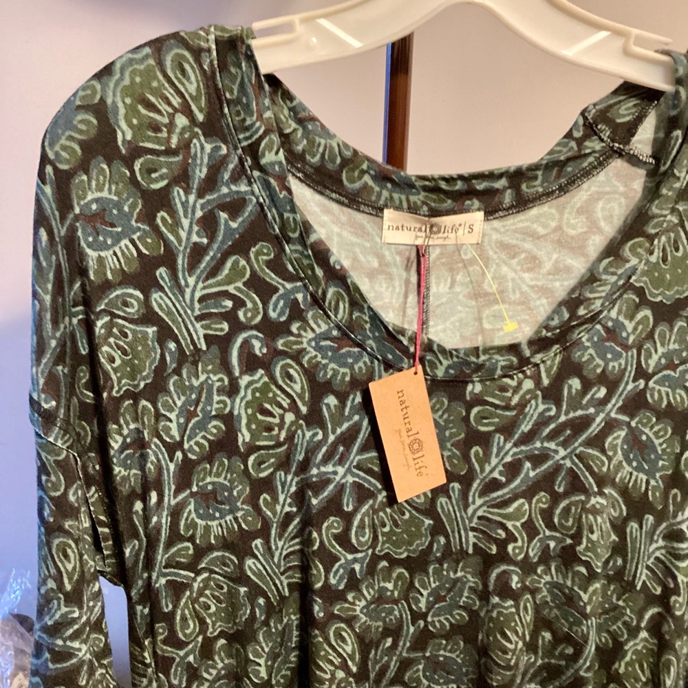 S Natural Life Black Green Soft Rayon Knit Tunic Top Stretch Comfort Flowing